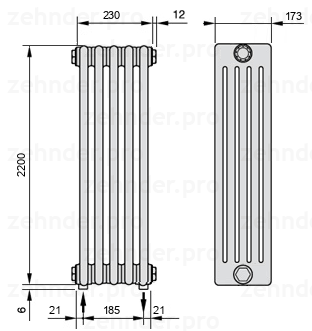 Схема (чертеж) Радиатор Zehnder Charleston 5220/5 №5310 Белый глянцевый RAL 9016